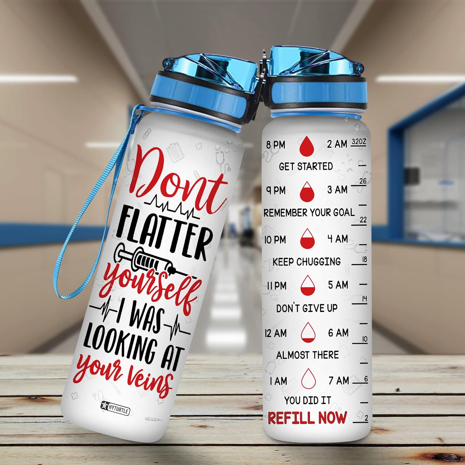 Nurse Veins Quote Water Bottle Tracker 32oz – Personalized Hydration Bottle with Time Marker – Fun Gift for Nurses & Coworkers