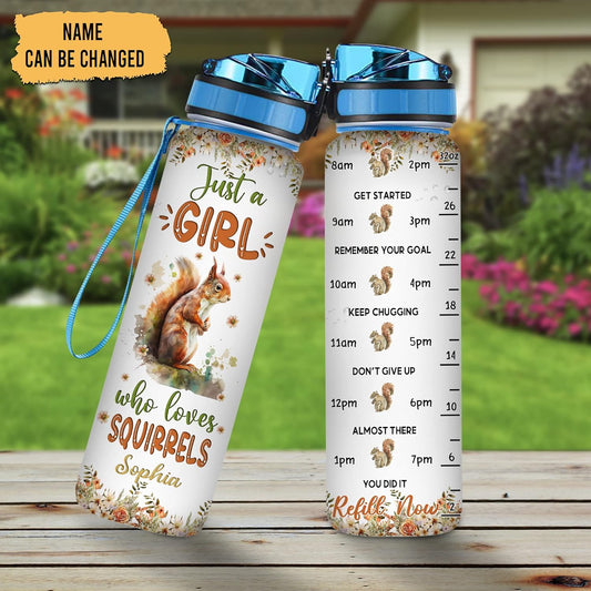 Squirrel Water Bottle Tracker 32oz Personalized – Cute Animal Hydration Bottle – Birthday or Christmas Gift for Squirrel Lovers