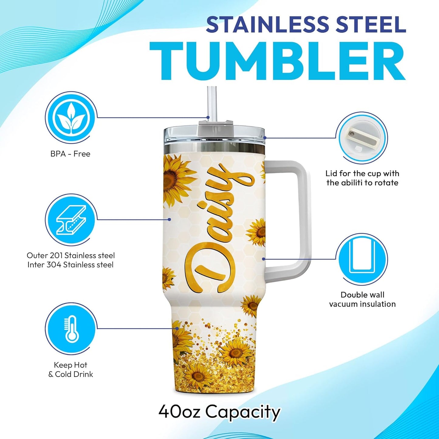 Sunflower Bee Tumbler 40oz with Handle & Straw – Personalized Stainless Steel Insulated Travel Cup with Lid – Unique Gift for Bee Lovers