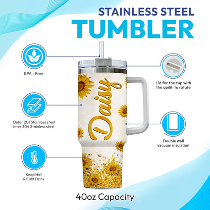 Sunflower Bee Tumbler 40oz with Handle & Straw – Personalized Stainless Steel Insulated Travel Cup with Lid – Unique Gift for Bee Lovers