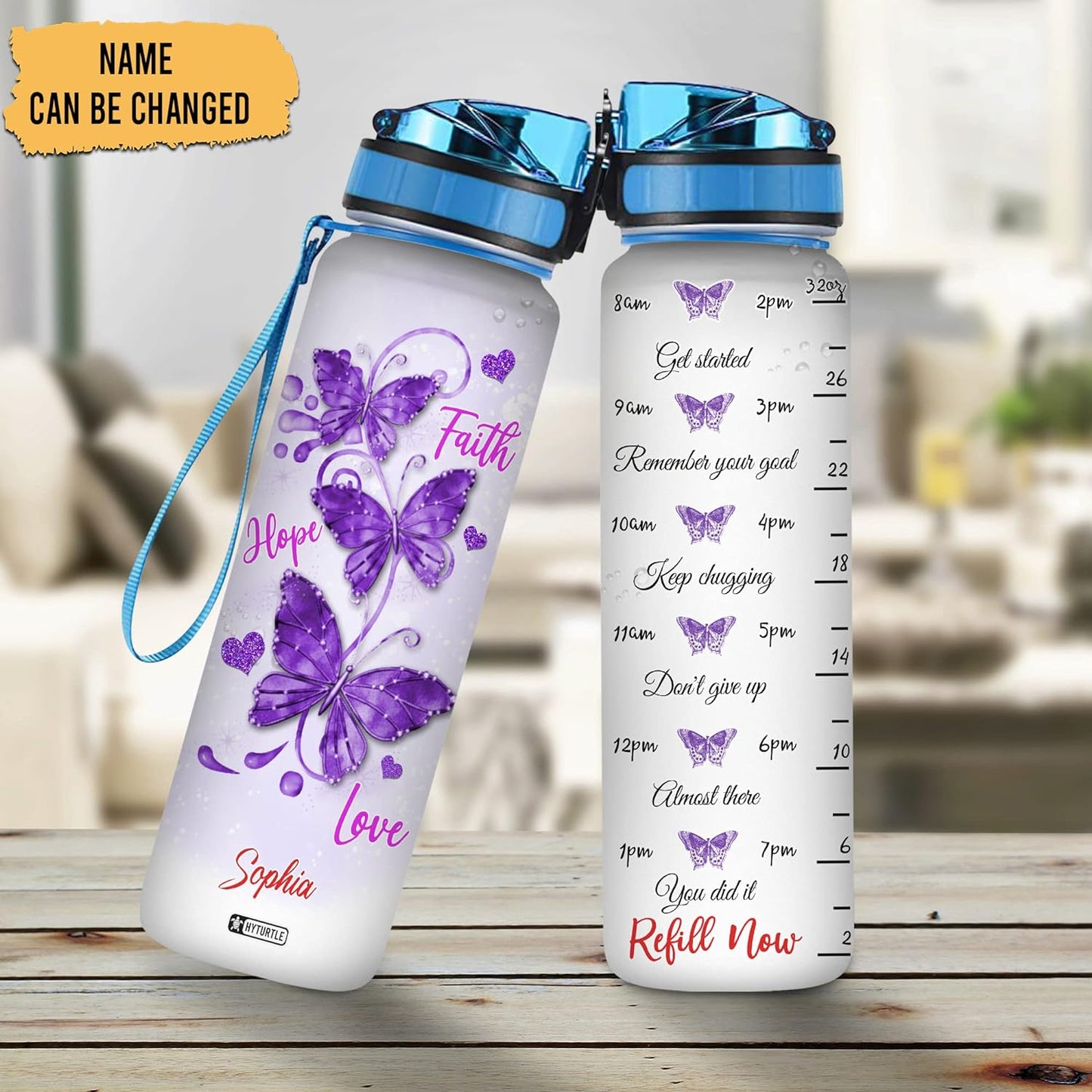 Purple Butterfly Bottle - Personalized Water Tracker Bottle 32oz