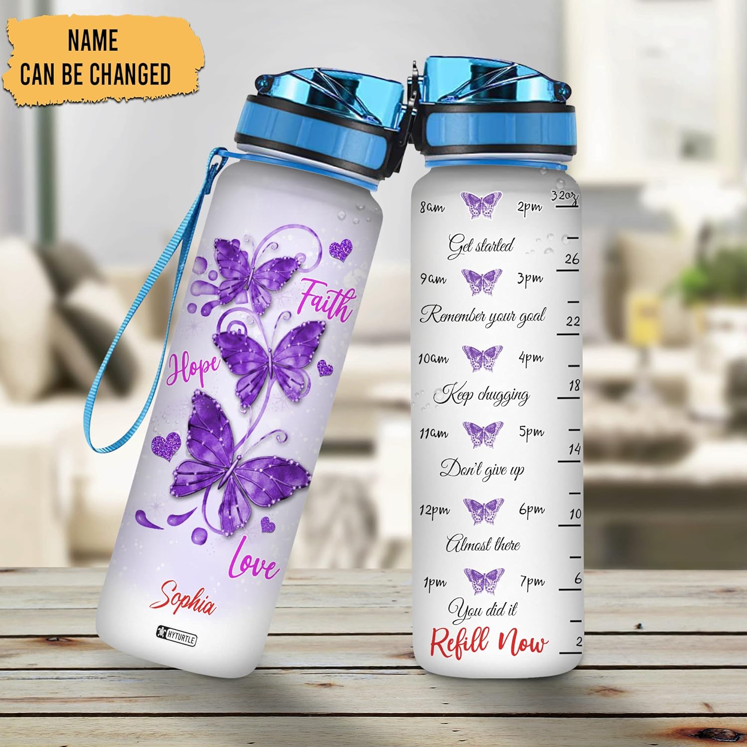 Purple Butterfly Bottle - Personalized Water Tracker Bottle 32oz