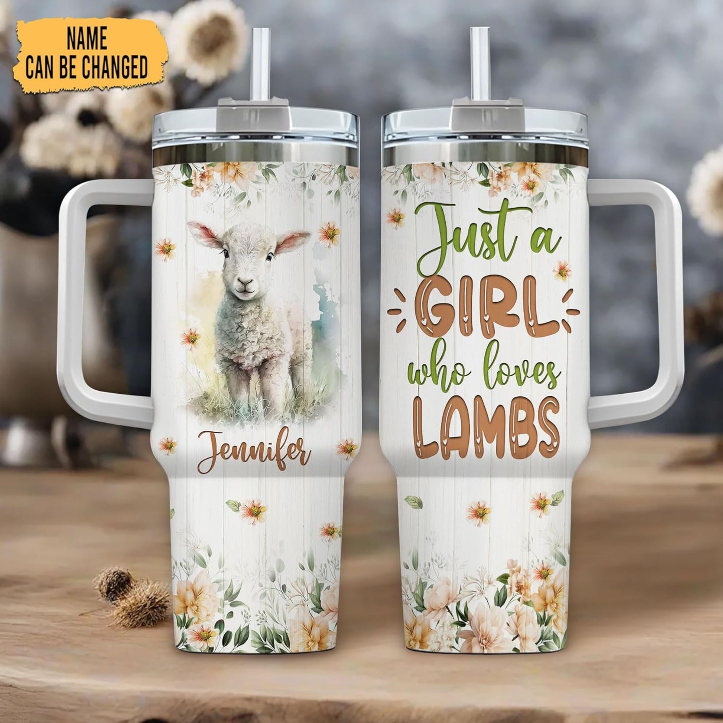 Lamb Pastel Floral Tumbler 40oz – Personalized Stainless Steel Insulated Cup with Handle & Straw – Sweet Gift for Lamb Lovers