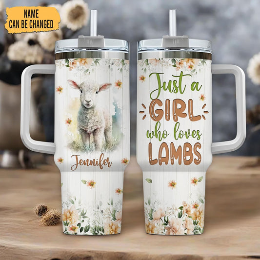 Lamb Pastel Floral Tumbler 40oz – Personalized Stainless Steel Insulated Cup with Handle & Straw – Sweet Gift for Lamb Lovers