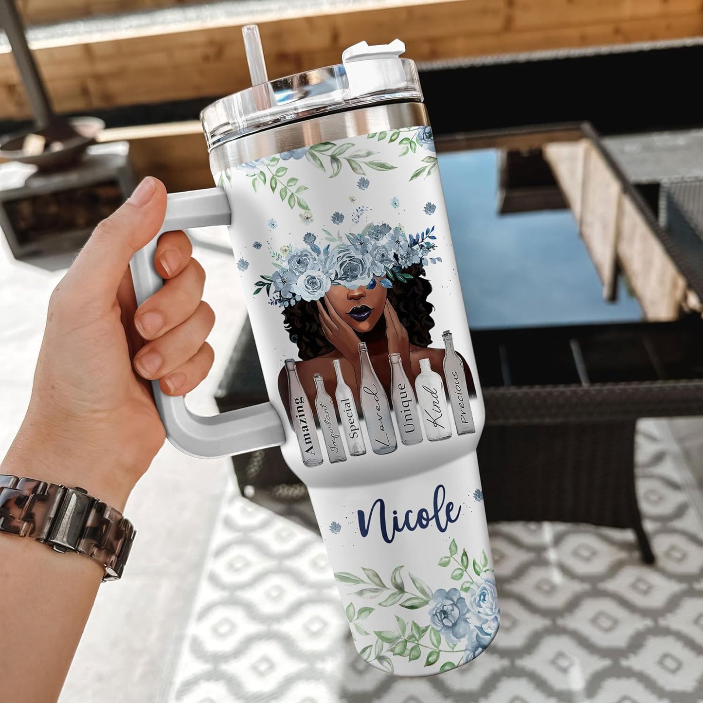 Bible Verse Floral Tumbler 40oz with Handle & Straw – Personalized Stainless Steel Insulated Cup with Lid – Faith Gift for Women