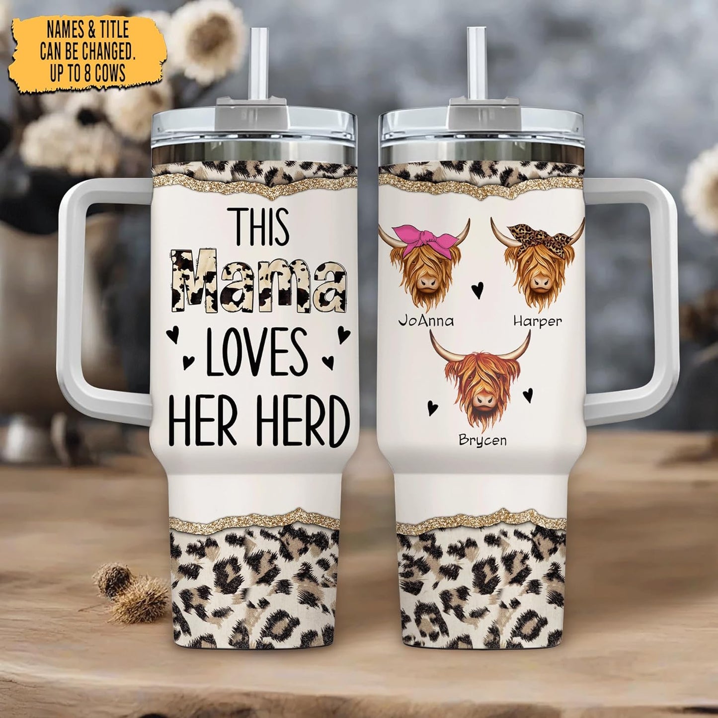 Highland Cow Mama Tumbler 40oz – Personalized Stainless Steel Travel Cup with Handle & Straw, Insulated & Leak-Proof – Creative Farm Animal Gift for Mom