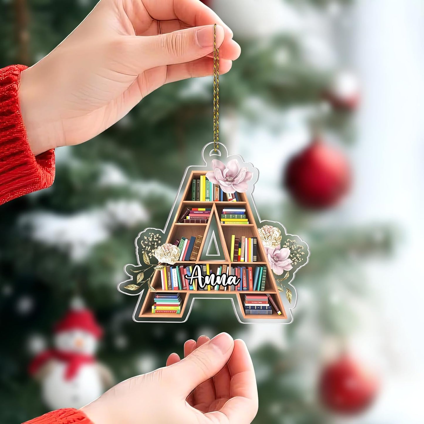 Letter-Initial Bookshelf Cut Acrylic Ornament – Personalized Library Gift for Book Lover or Teacher, Bookish Christmas Tree Decor with Custom Name
