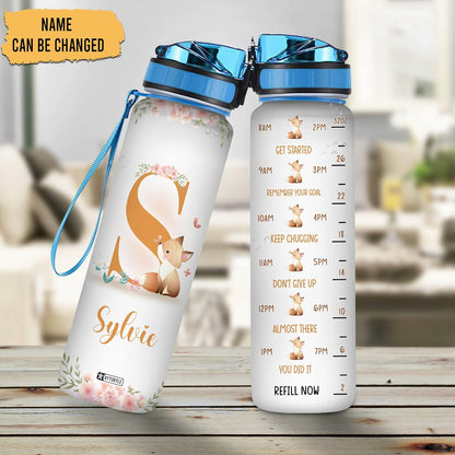 Floral Fox Theme Water Bottle Tracker 32oz – Personalized Motivational Bottle with Time Marker – Cute Gift for Animal Lovers