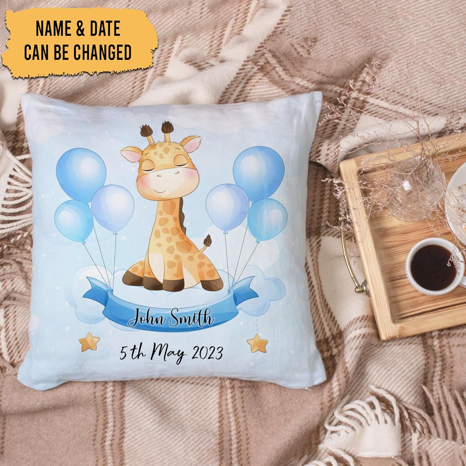 Blue Giraffe Theme - Personalized Pillow (Insert Included)