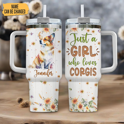 Corgi Lover Tumbler 40oz with Handle & Straw – Personalized Stainless Steel Travel Cup with Lid – Fun Gift for Dog Lovers