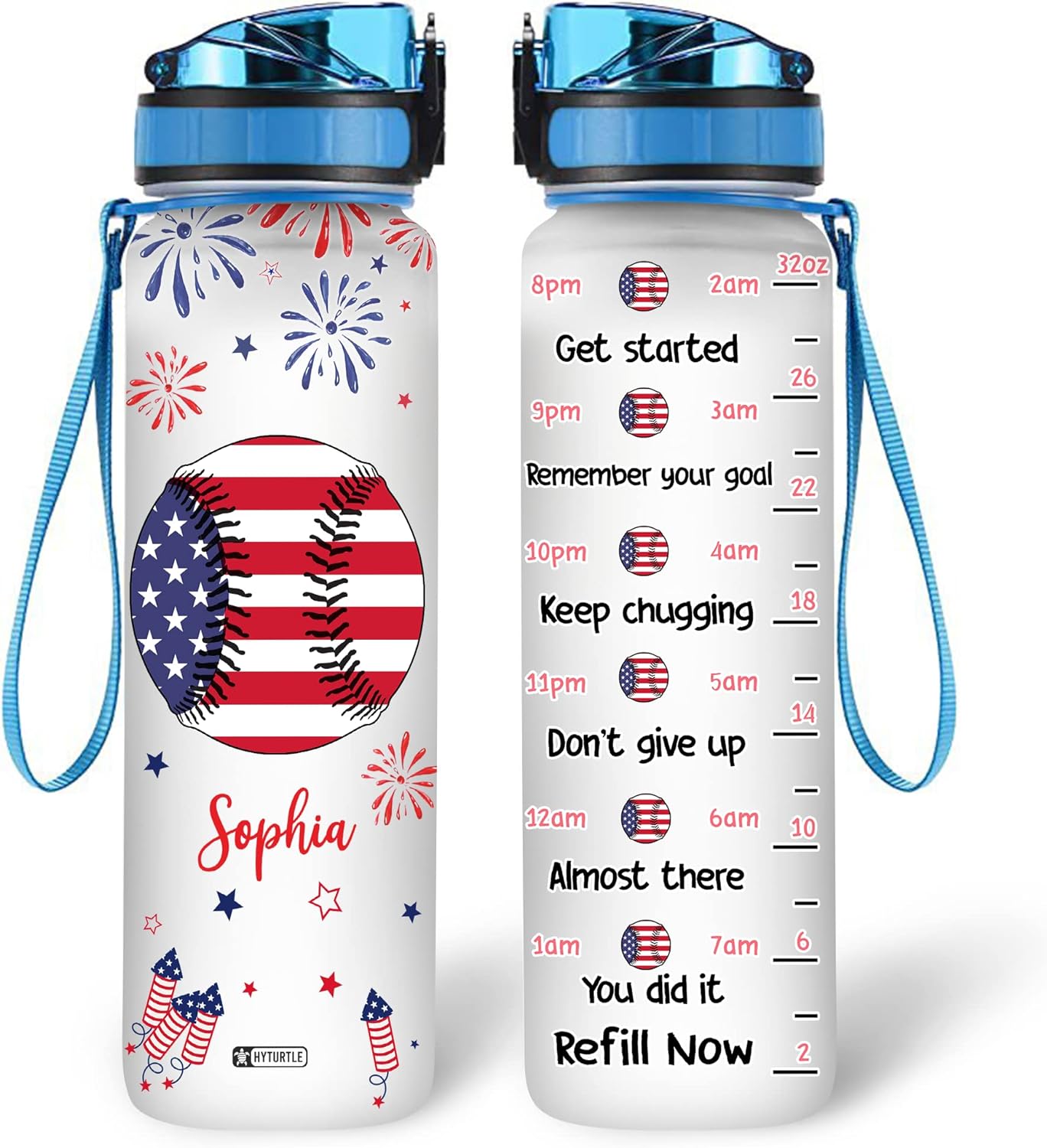 Baseball American Flag - Personalized Water Tracker Bottle 32oz