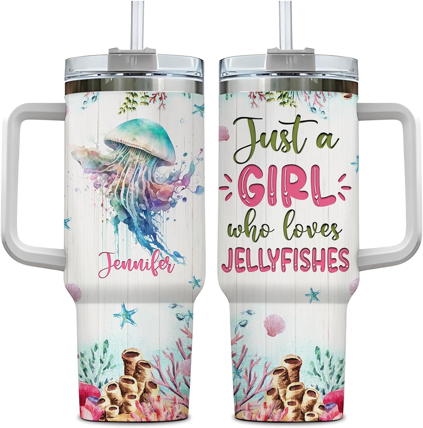 Watercolor Jellyfish 40oz Tumbler with Handle & Straw – Personalized Stainless Steel Insulated Travel Cup with Lid – Stylish Gift for Sea Life Lovers