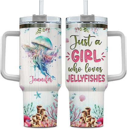 Watercolor Jellyfish 40oz Tumbler with Handle & Straw – Personalized Stainless Steel Insulated Travel Cup with Lid – Stylish Gift for Sea Life Lovers