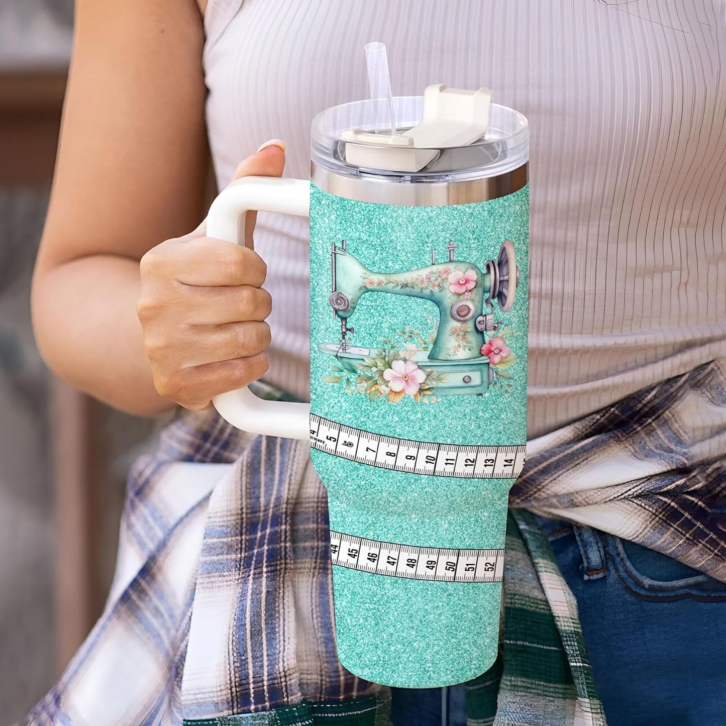 Teal Glitter Sewing Tumbler 40oz with Handle & Straw – Personalized Stainless Steel Insulated Travel Cup with Lid – Stylish Gift for Quilters & Crafters