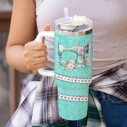 Teal Glitter Sewing Tumbler 40oz with Handle & Straw – Personalized Stainless Steel Insulated Travel Cup with Lid – Stylish Gift for Quilters & Crafters