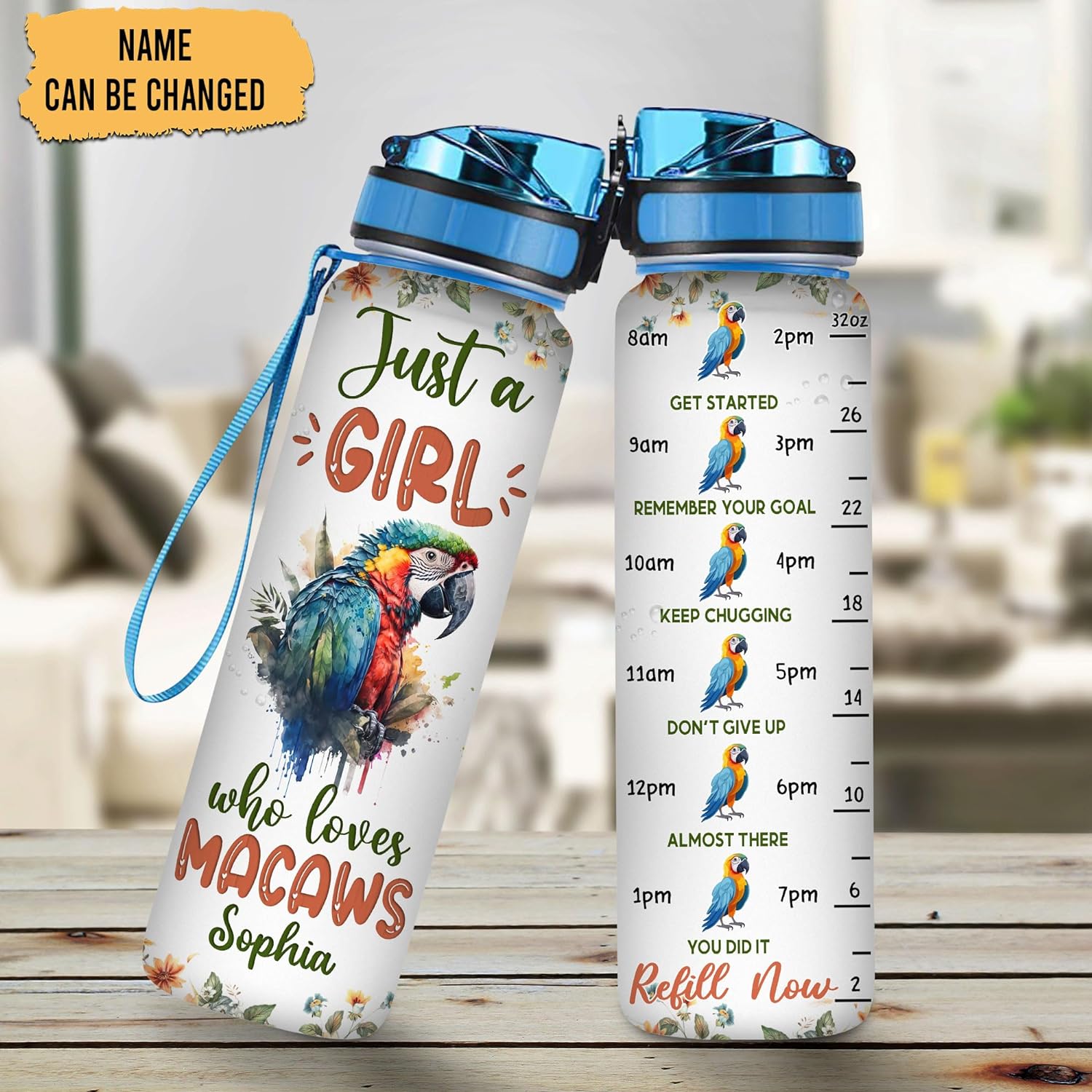 Just A Girl Who Loves Macaws - Personalized Water Tracker Bottle 32oz