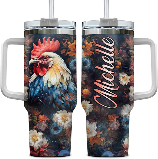 Rooster Floral Tumbler 40oz with Handle & Straw – Personalized Stainless Steel Insulated Travel Cup with Lid – Stylish Gift for Chicken Lovers