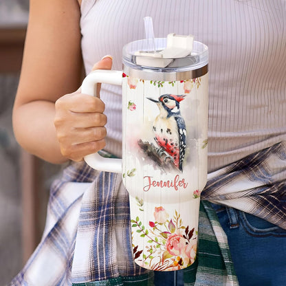 Woodpecker Lover Tumbler 40oz with Handle & Straw – Personalized Stainless Steel Travel Cup with Lid – Creative Gift for Bird Enthusiasts