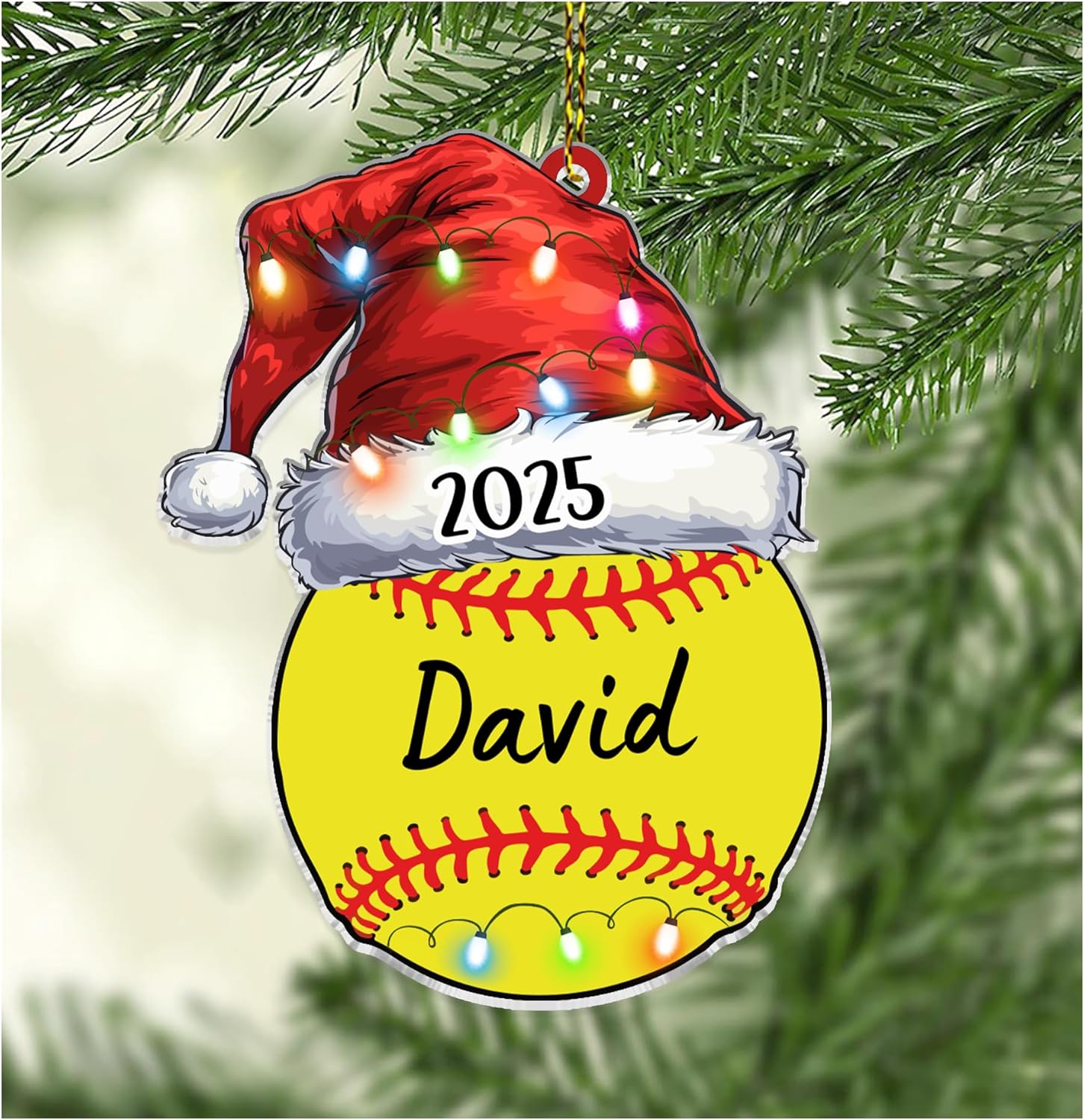 Softball Santa-Hat Cut Acrylic Ornament – Personalized Christmas Gift for Player, Team or Coach, Sports Tree Decor for Girls and Women