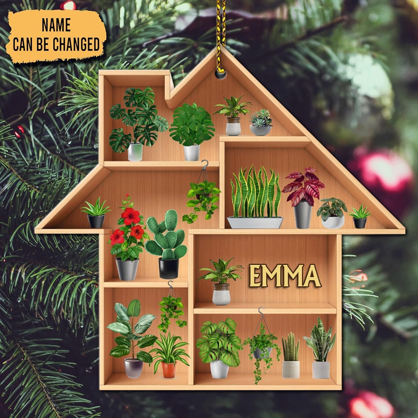 House-Shaped Plant Shelf Wood Ornament – Custom Name Christmas Gift for Gardener, Plant Mom, or Nature Lover