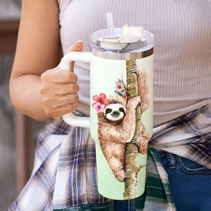 Tropical Sloth Tumbler 40oz with Handle & Straw – Personalized Stainless Steel Insulated Travel Cup with Lid – Cute Gift for Sloth Lovers