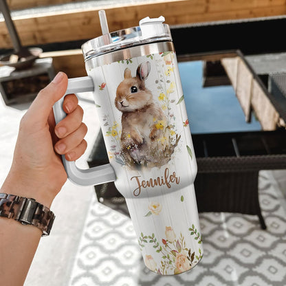 Watercolor Rabbit 40oz Tumbler with Handle & Straw – Personalized Stainless Steel Insulated Travel Cup with Lid – Cute Gift for Animal Lovers
