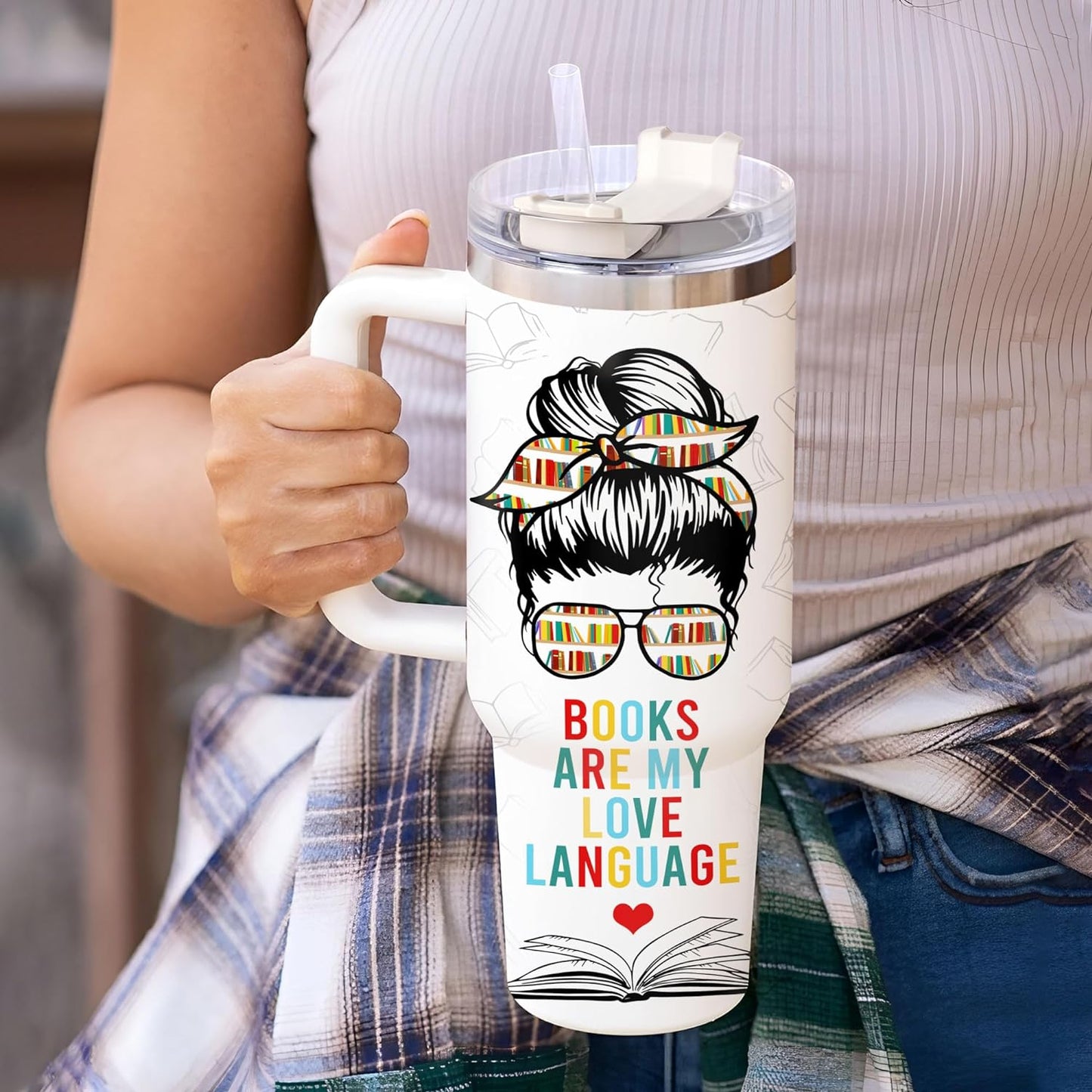 Booktrovert Tumbler 40oz with Handle & Straw – Personalized Stainless Steel Insulated Travel Cup with Lid – Fun Gift for Book Lovers