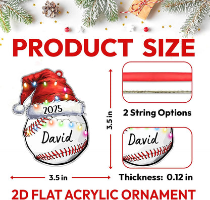 Baseball with Santa hat cut acrylic ornament – personalized 2D flat silhouette, custom name Christmas gift for player, coach, teammate or fan