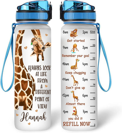 Inspirational Giraffe Water Bottle Tracker 32oz – Personalized Motivational Hydration Bottle with Time Marker – Meaningful Gift for Giraffe Lovers