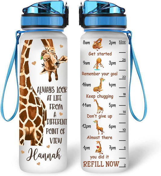 Inspirational Giraffe Water Bottle Tracker 32oz – Personalized Motivational Hydration Bottle with Time Marker – Meaningful Gift for Giraffe Lovers