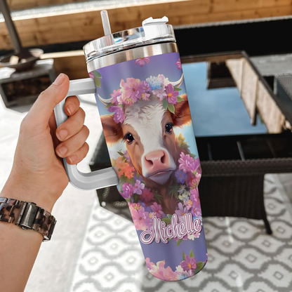 Cow Lover Tumbler 40oz with Handle & Straw – Personalized Stainless Steel Insulated Travel Cup with Lid – Cute Birthday Gift for Farm Animal Lovers
