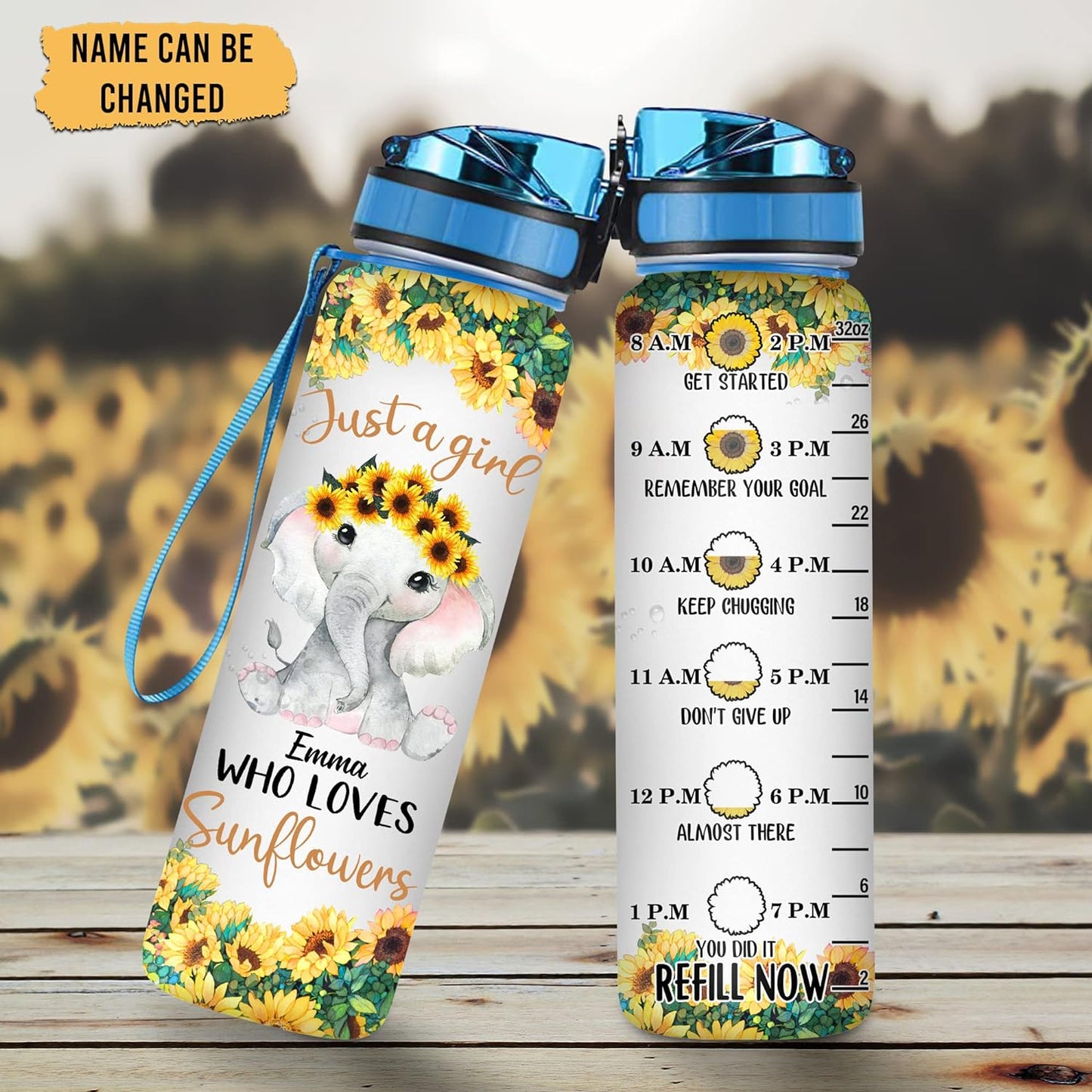 Sunflower Elephant Water Bottle Tracker 32oz – Personalized Motivational Bottle with Time Marker – Bright Gift for Women