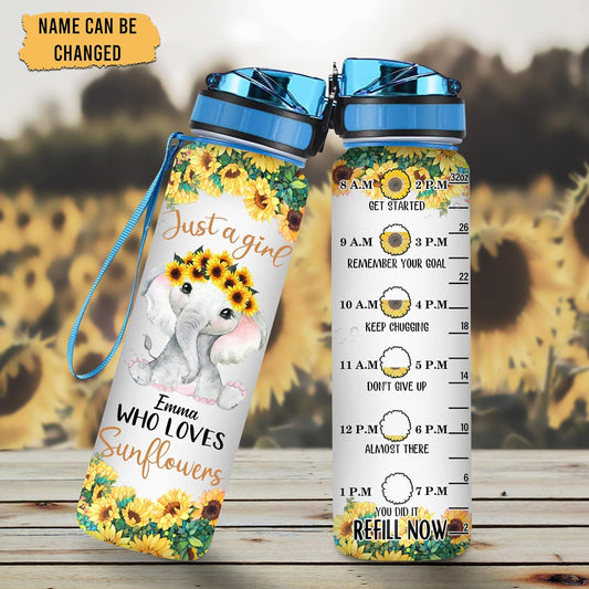 Sunflower Elephant Water Bottle Tracker 32oz – Personalized Motivational Bottle with Time Marker – Bright Gift for Women