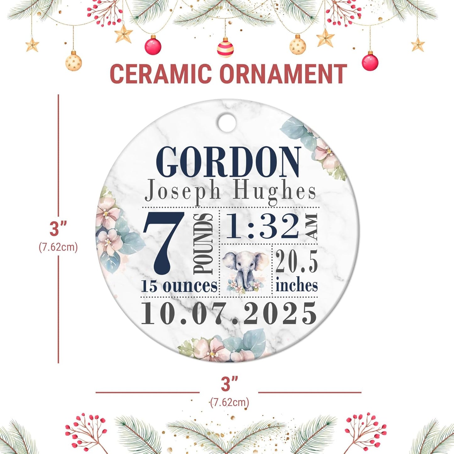 Baby Boy Birth Stats Ceramic Ornament – Personalized Elephant Design Christmas Keepsake for New Parents, Family and Godparents