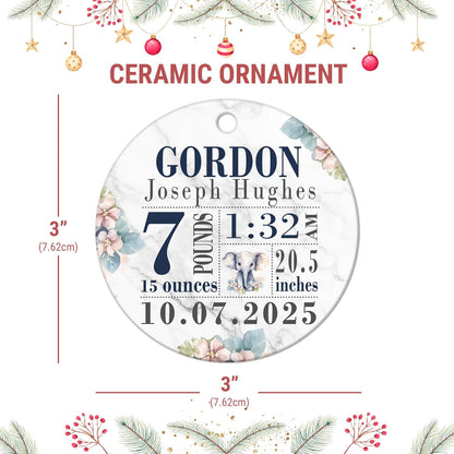 Baby Boy Birth Stats Ceramic Ornament – Personalized Elephant Design Christmas Keepsake for New Parents, Family and Godparents