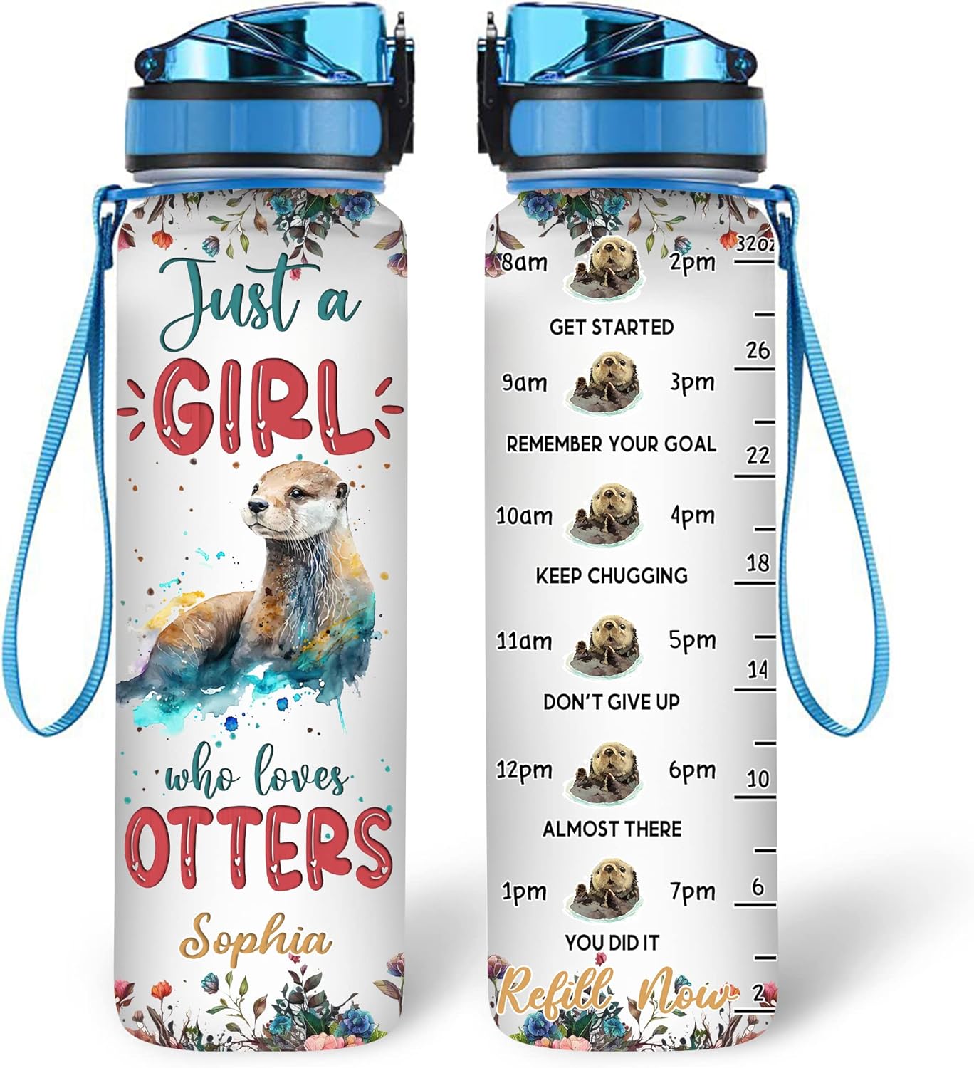 Otter Lovers Water Bottle Tracker 32oz – Personalized Motivational Bottle with Time Marker – Fun Gift for Women & Animal Fans