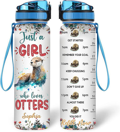 Otter Lovers Water Bottle Tracker 32oz – Personalized Motivational Bottle with Time Marker – Fun Gift for Women & Animal Fans