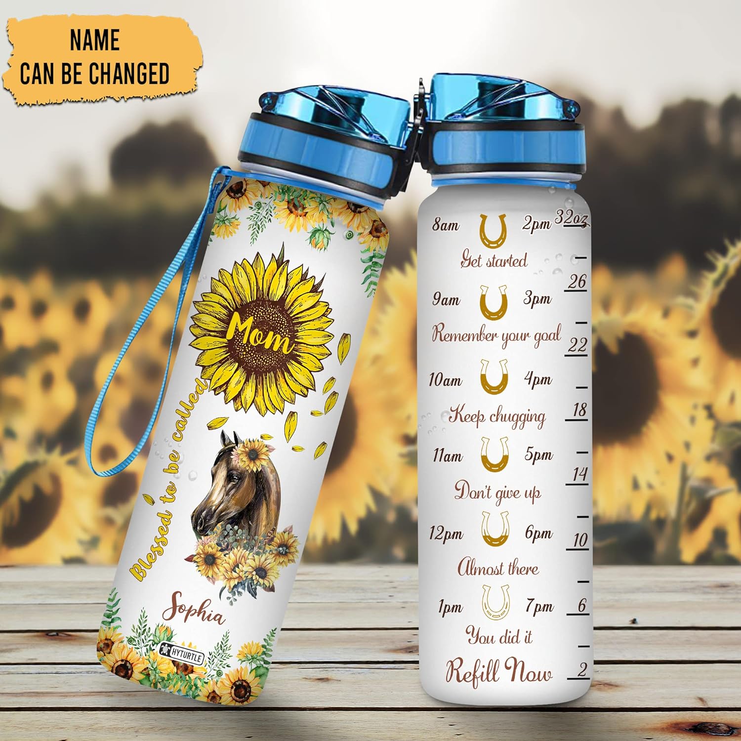 Blessed To Be Called Horse Sunflower - Personalized Water Tracker Bottle 32oz