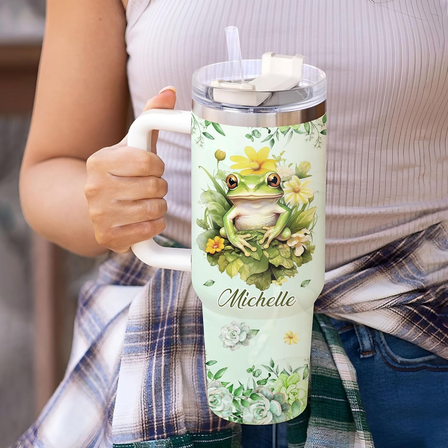 Floral Frog Tumbler 40oz with Handle & Straw – Personalized Stainless Steel Insulated Travel Cup with Lid – Fun Gift for Frog Lovers