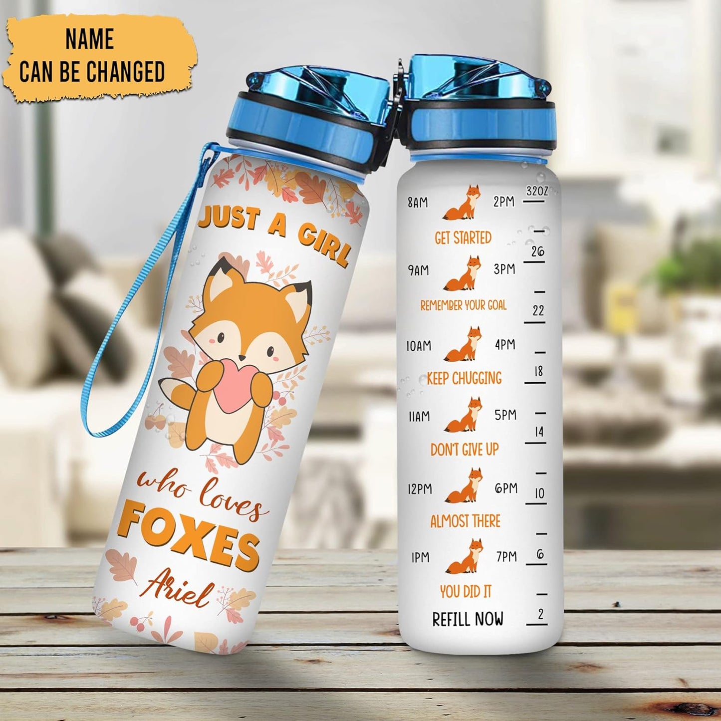 Fox Water Bottle Tracker 32oz Personalized – Cute Animal Hydration Bottle with Time Marker – Unique Gift for Fox Lovers