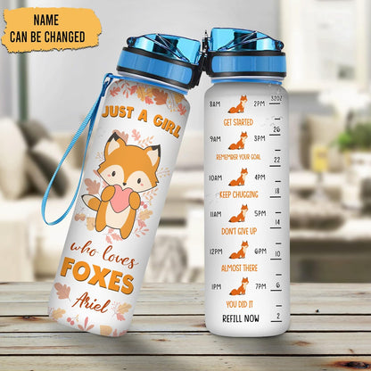 Fox Water Bottle Tracker 32oz Personalized – Cute Animal Hydration Bottle with Time Marker – Unique Gift for Fox Lovers