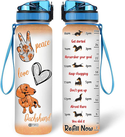 Peace Love Dachshund Water Bottle Tracker 32oz Personalized – Dog Theme Hydration Bottle – Birthday, Mother’s Day or Anniversary Gift
