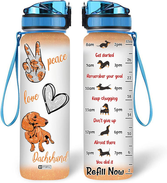 Peace Love Dachshund Water Bottle Tracker 32oz Personalized – Dog Theme Hydration Bottle – Birthday, Mother’s Day or Anniversary Gift