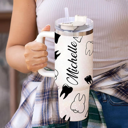 Dentist Themed Tumbler 40oz with Handle & Straw – Personalized Stainless Steel Travel Cup with Lid – Fun Gift for Dental Professionals