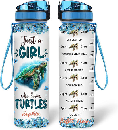 Turtle Lovers Water Bottle Tracker 32oz Personalized – Cute Sea Turtle Motivational Bottle with Time Marker – Stylish Gift for Women