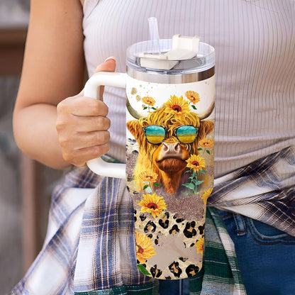 Sunflower Highland Cow Tumbler 40oz with Handle & Straw – Personalized Stainless Steel Travel Cup with Lid – Creative Gift for Animal Lovers