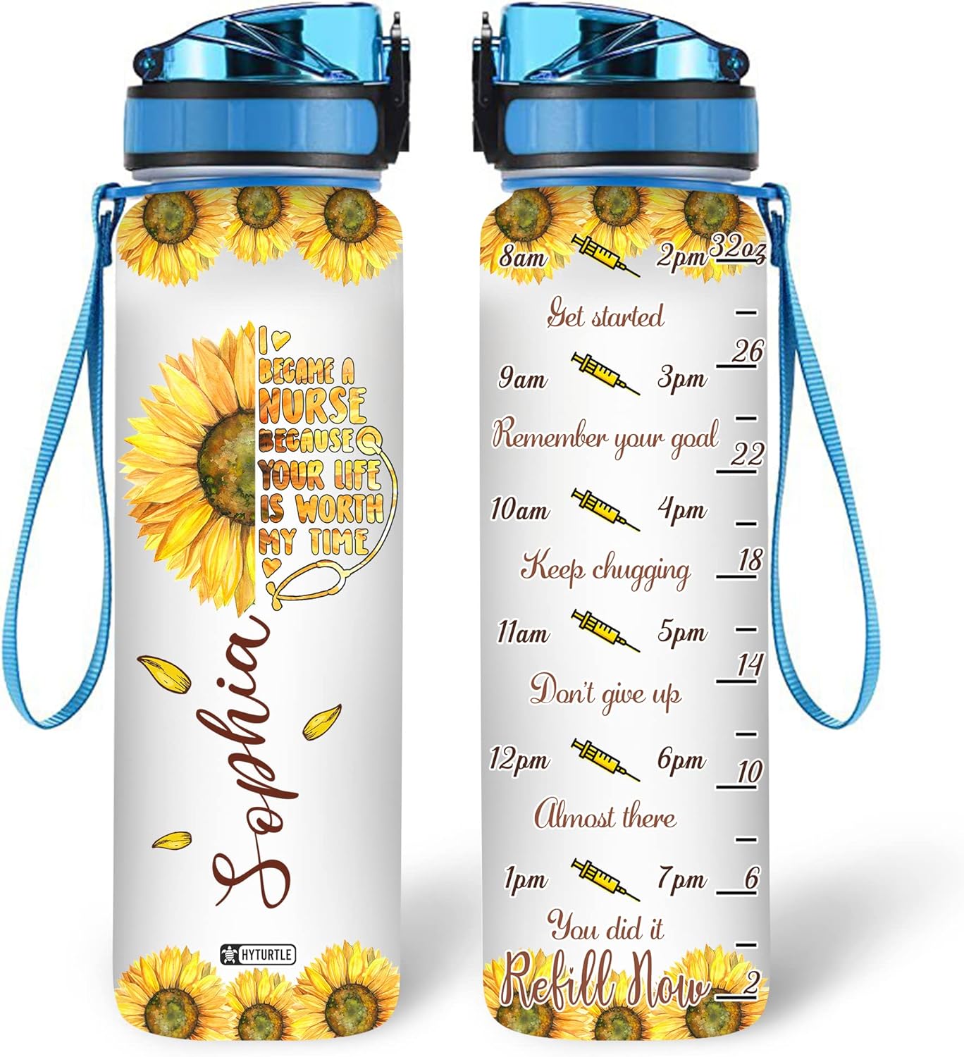 Sunflower Nurse Theme Water Bottle Tracker 32oz – Personalized Hydration Bottle with Time Marker – Unique Gift for Nurses
