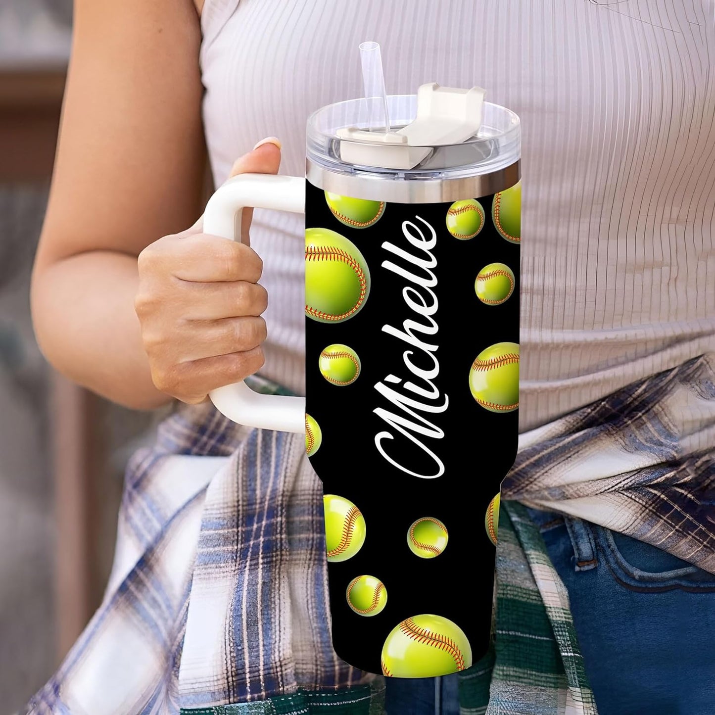 Softball Lover Tumbler 40oz with Handle & Straw – Personalized Stainless Steel Travel Cup with Lid – Unique Gift for Players & Coaches