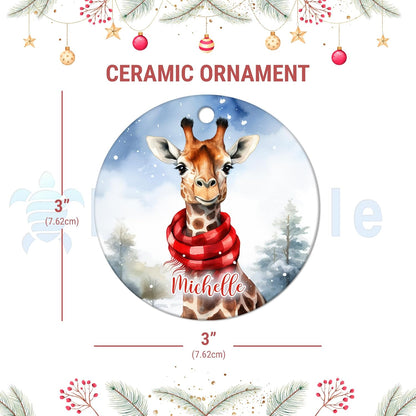 Giraffe in Scarf Winter Scene Ceramic Circle Ornament – Personalized Christmas Gift for Giraffe Lover, Animal Fan or Nature-Inspired Decor