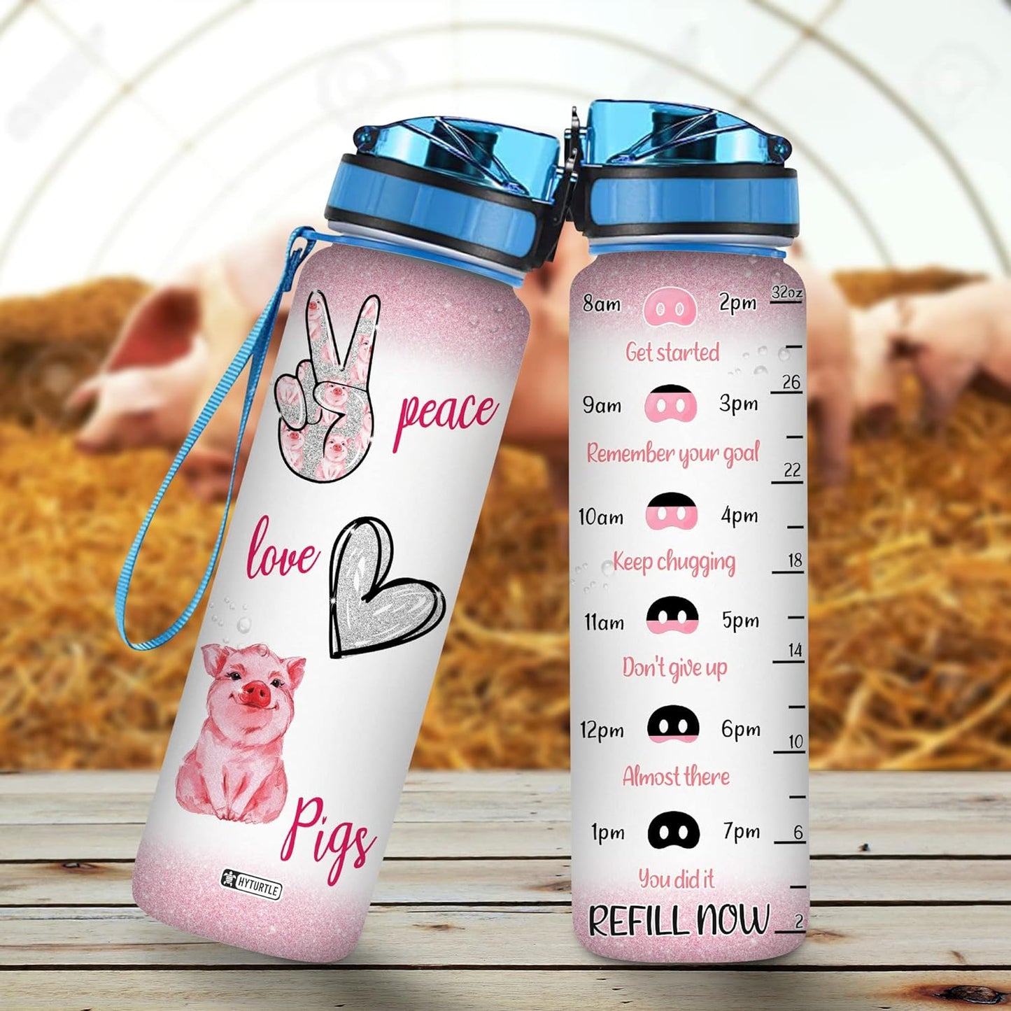 Peace Love Pig Water Bottle Tracker 32oz – Personalized Motivational Bottle with Time Marker – Cute Gift for Pig Lovers